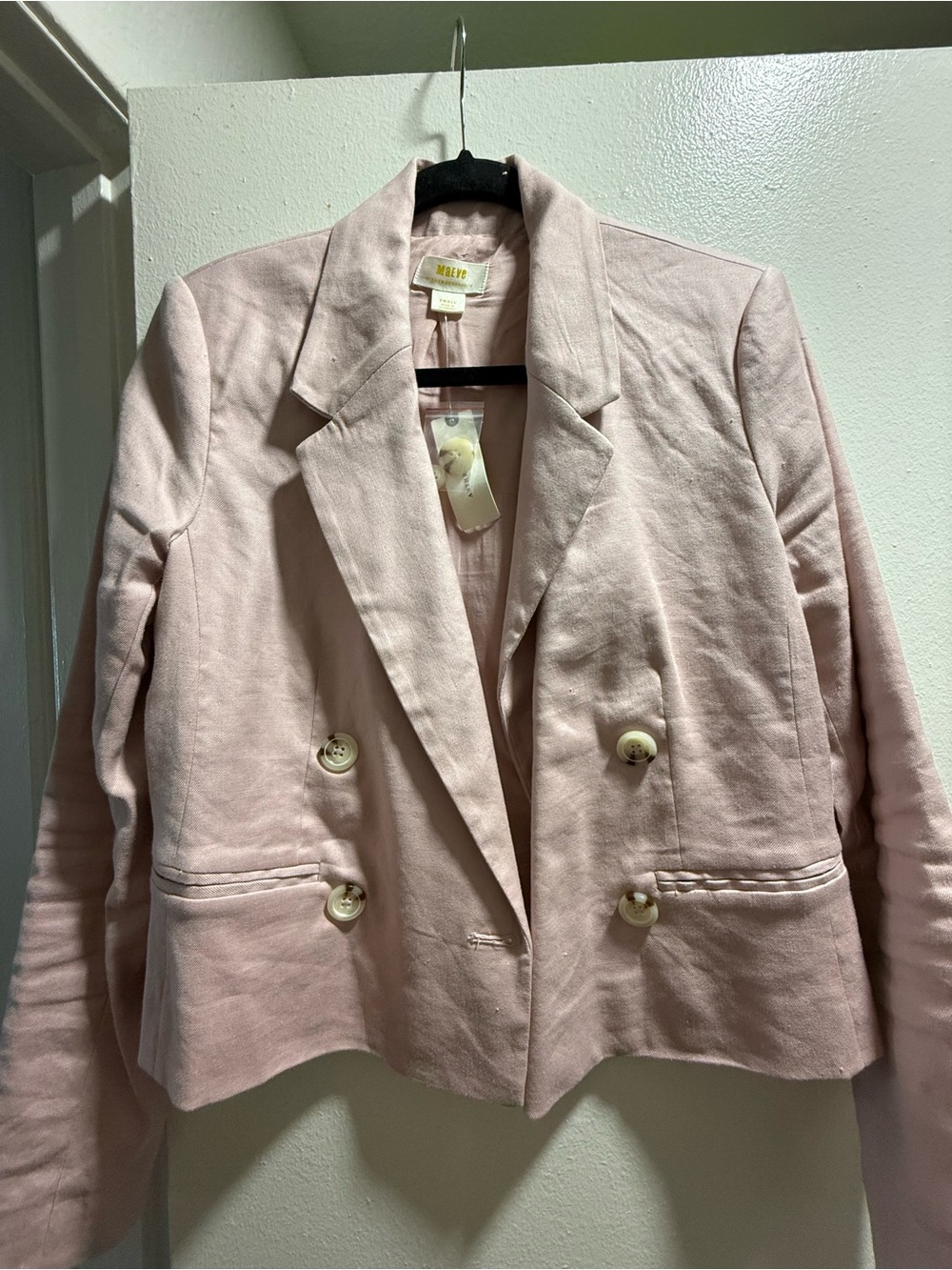 Maeve Blush Pink Double-Breasted Cropped Blazer
